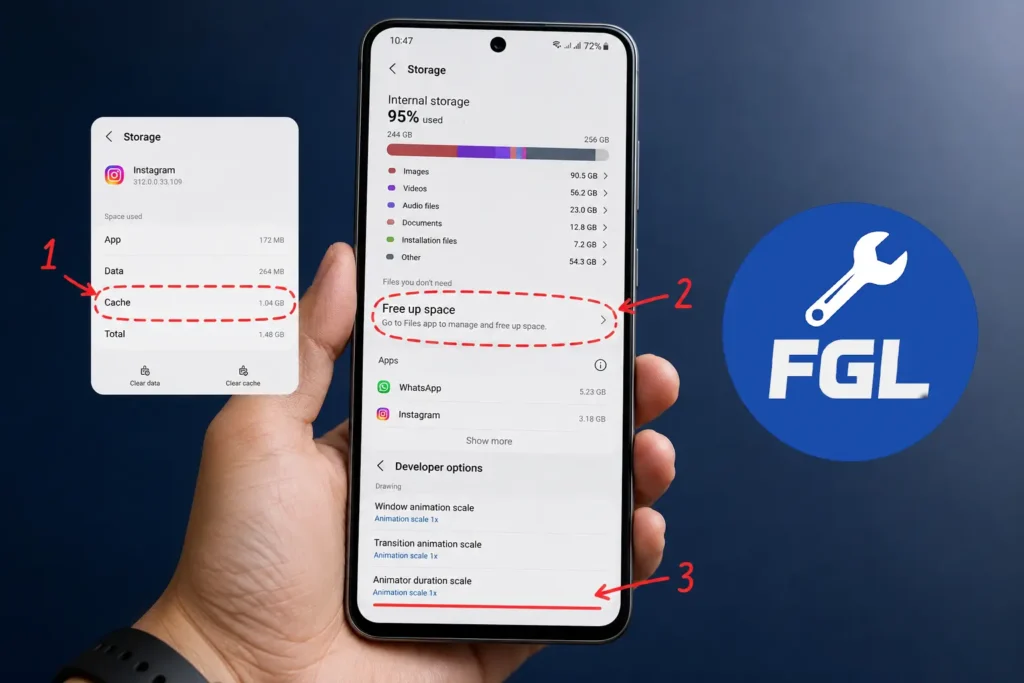 Android phone showing storage full warning with cache clear and developer options for lag fix