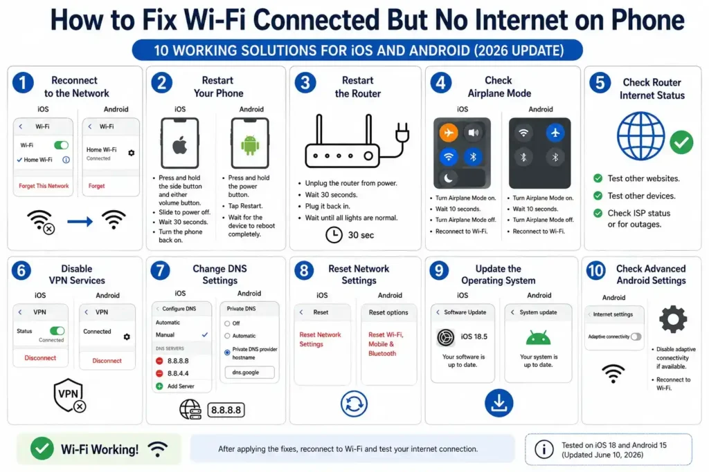 10 proven ways to fix Wifi connected but no internet on iPhone and Android phones.