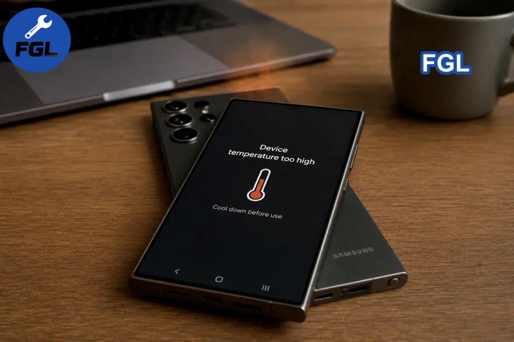 Samsung phone overheating warning message on screen