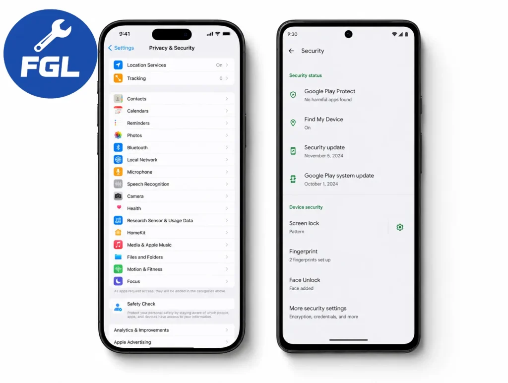 Smartphone security settings on iPhone and Android showing WhatsApp encryption and SIM lock options. Step by Step Guide