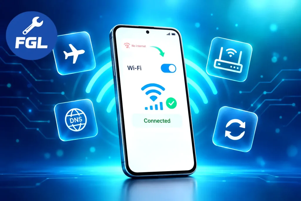 Phone screen changing from No internet to Wi-Fi Connected, with airplane mode, router, DNS and reset icons