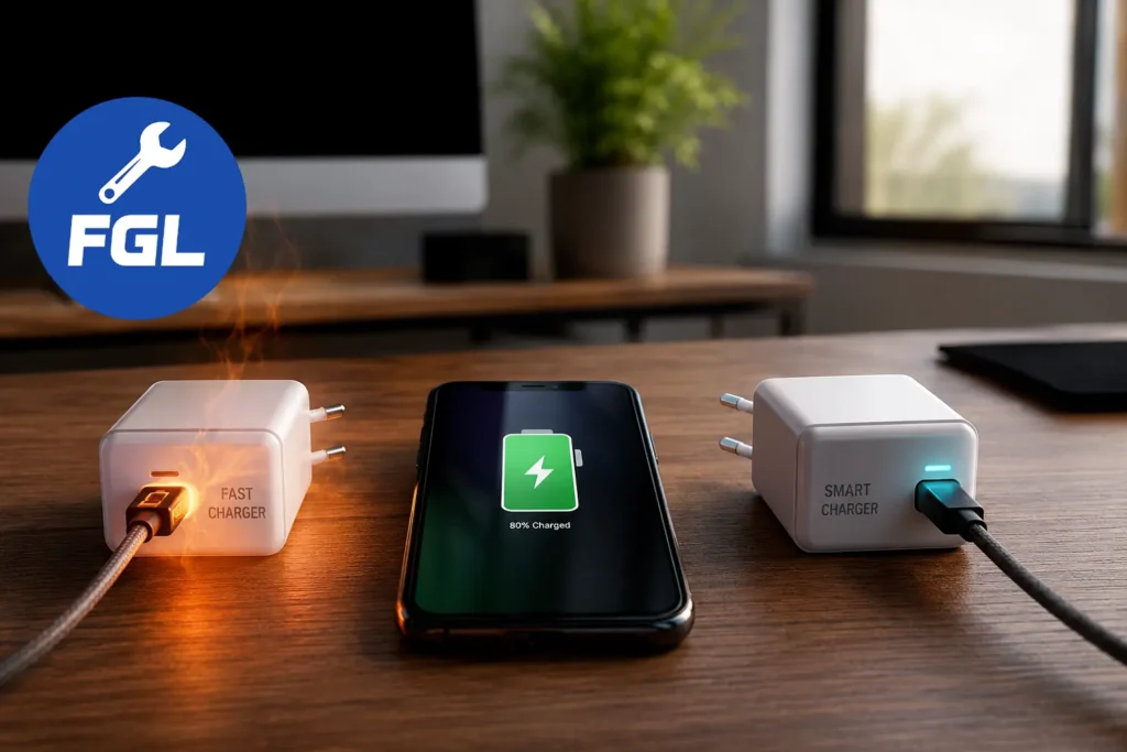 Modern smartphone on wooden desk with fast charger showing warm glow and smart charger with cool light, representing battery charging technology comparison