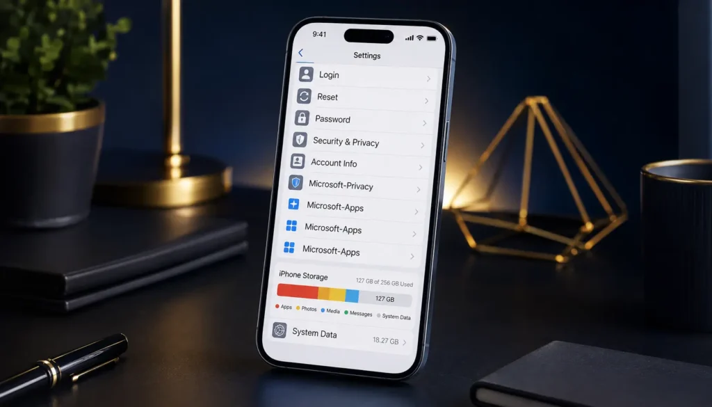 iPhone settings screen showing 127 GB of 256 GB used, System Data 18.27 GB, with Login, Reset, Password, Security and Privacy, Account Info, and Microsoft Apps options for storage cleanup guide.