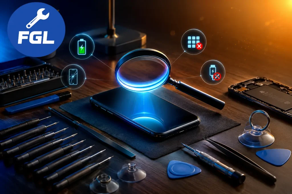 Smartphone troubleshooting and DIY mobile fixes guide showing a person fixing phone, tools, and repair steps