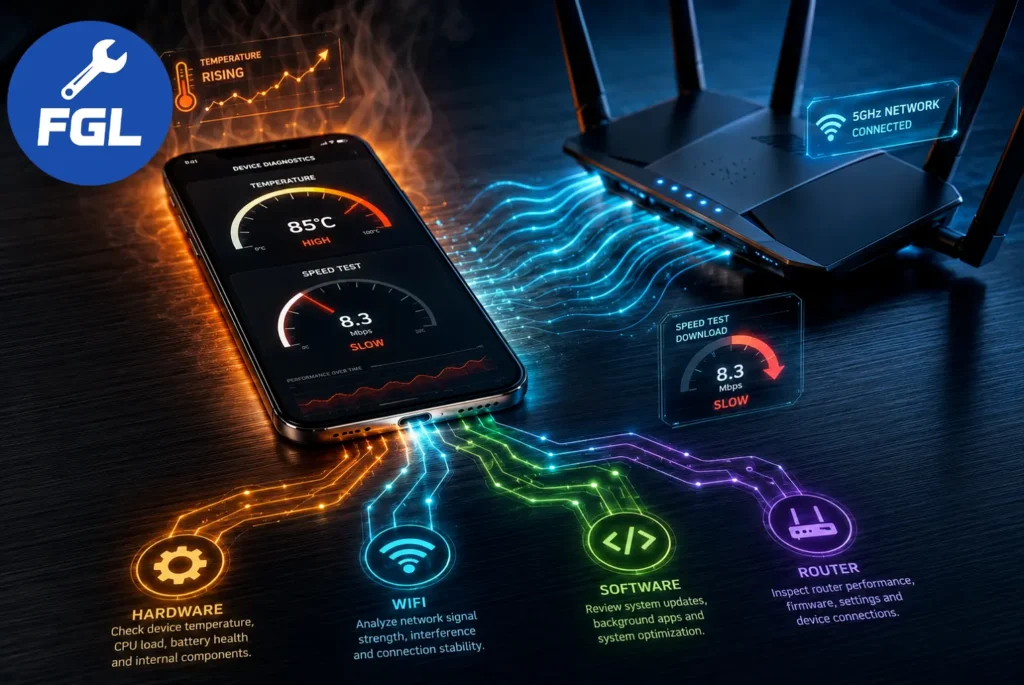 Smartphone diagnostic dashboard showing 85°C thermal throttling and 8.3 Mbps slow internet speed test with Hardware, WiFi, Software, and Router analysis categories.
