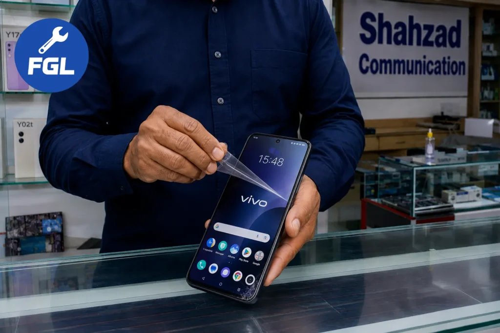 A mobile repair technician applying screen protector on cracked Android smartphone display at a local communication shop with vivo phones on background shelf.