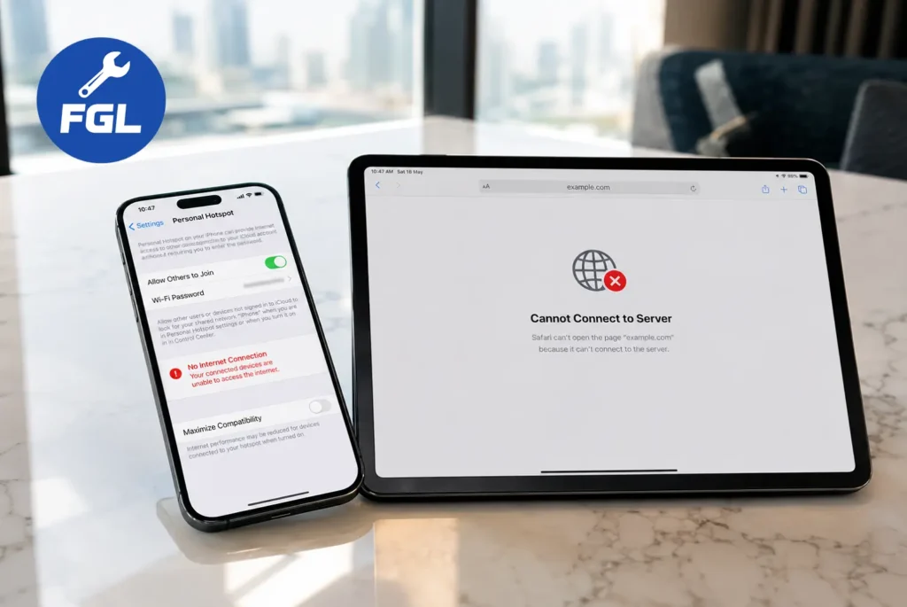 iPhone showing Personal Hotspot with No Internet Connection error and tablet displaying Cannot Connect to Server, illustrating eSIM hotspot tethering issue
