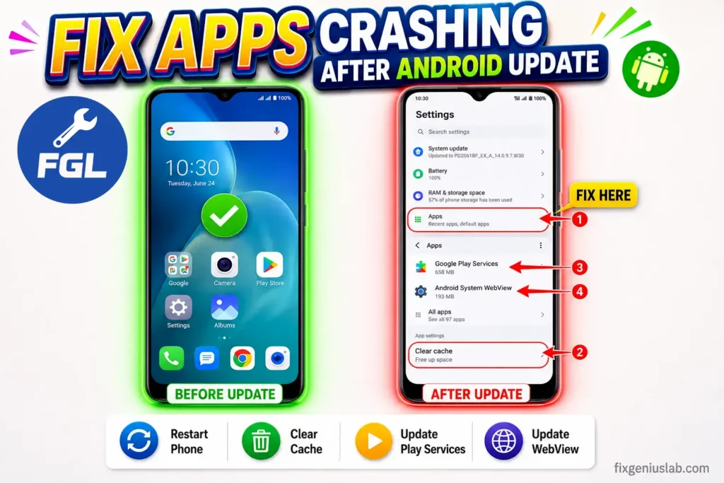 Two Android phones showing before and after an Android update, with Settings steps to fix apps crashing by clearing cache, updating Google Play Services, and Android System WebView.