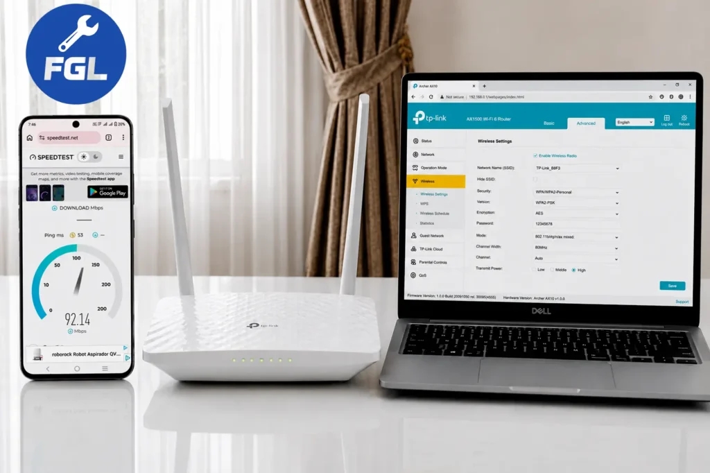 White TP-Link WiFi 6 router on a glass table with a Vivo Y21 smartphone displaying an Ookla Speedtest and a Dell laptop showing TP-Link wireless router settings with 80 MHz channel width.