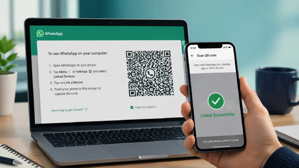 WhatsApp Web QR code scanning success screen showing linked devices