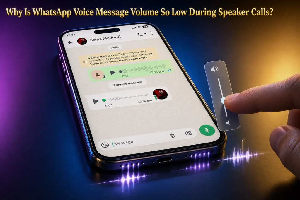 Why Is WhatsApp Voice Message Volume So Low During Speaker Calls? 1 3D smartphone showing WhatsApp chat with low voice message volume issue during speaker call, highlighting the media volume slider fix for Android and iOS devices.