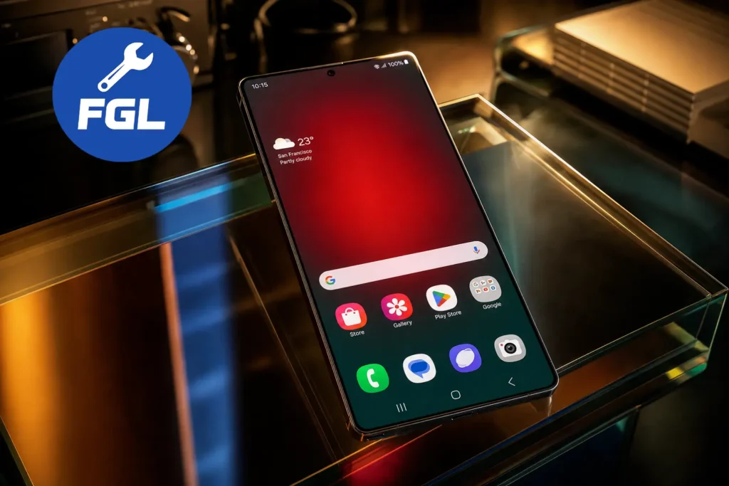 Samsung Galaxy S26 Ultra screen showing a red tint with Privacy Display concept on a glass table with minimal red UI and apps.