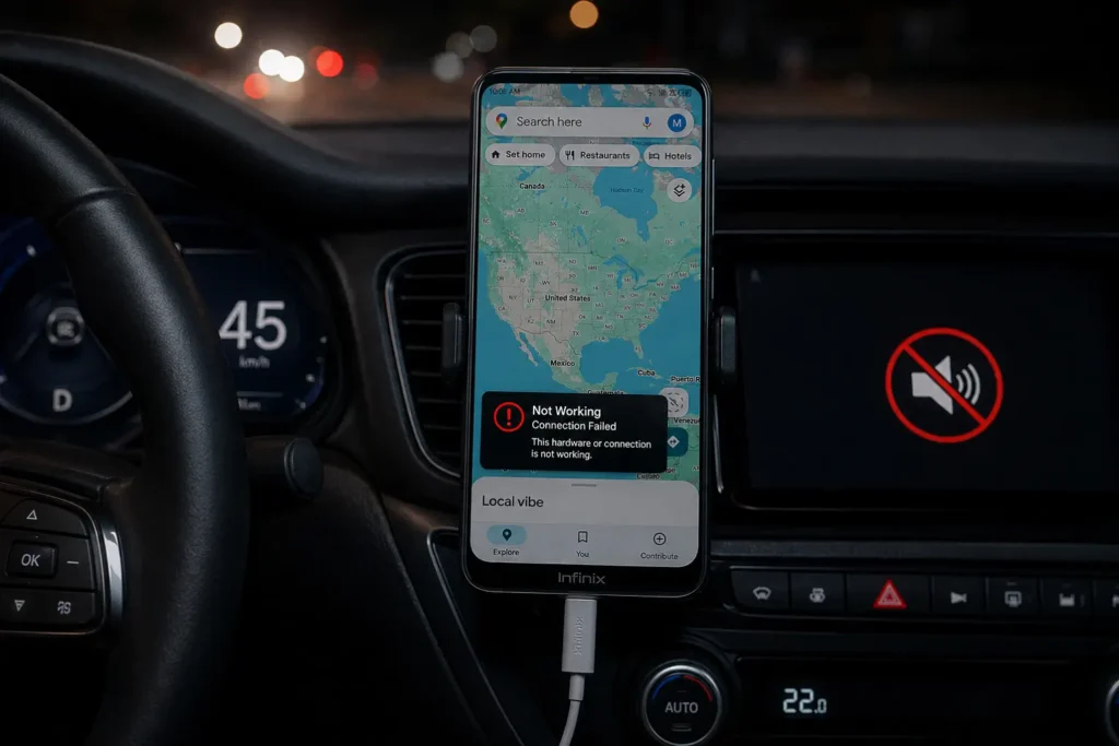 Infinix SMART 7 smartphone mounted on car dashboard showing Google Maps USA view with a 'Voice Not Working: Connection Failed' hardware error popup, connected via USB cable, with a muted red speaker icon on the infotainment screen indicating audio failure.