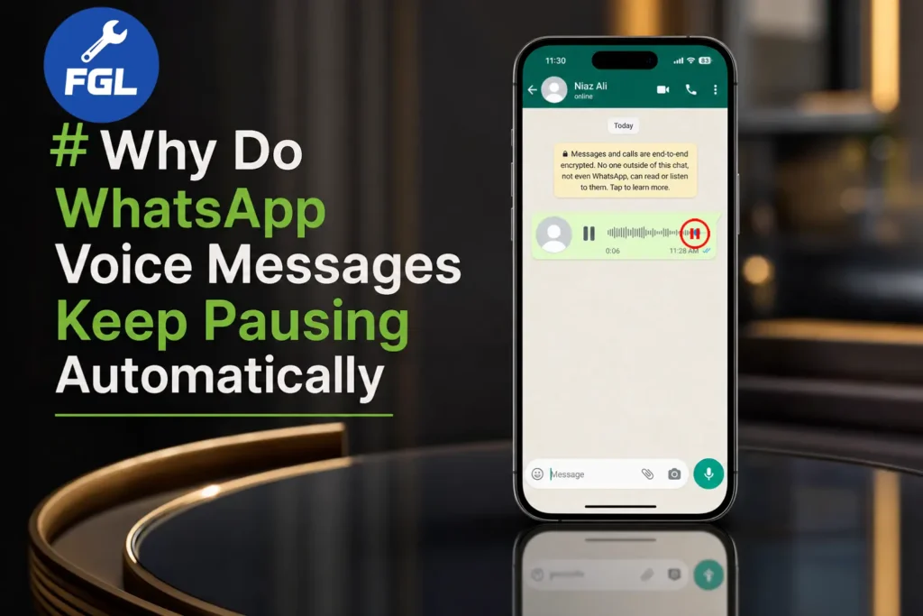 Smartphone screen displaying a paused WhatsApp voice message with the pause icon highlighted, illustrating how to pause and resume audio notes in WhatsApp chat.