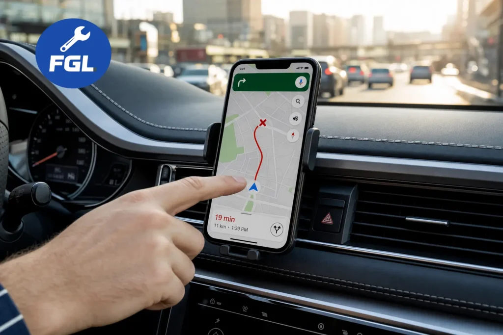 A hand tapping the smartphone screen showing a red route error on Google Maps inside a luxury car, representing how to fix Google Maps giving wrong directions or wrong location.