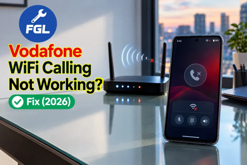 Smartphone beside a router with a weak WiFi signal, illustrating Vodafone WiFi Calling connection issues.