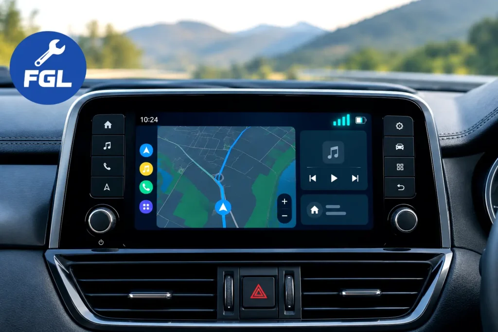 Car infotainment screen showing cellular signal bars in the top-right corner of an Android Auto-style interface.