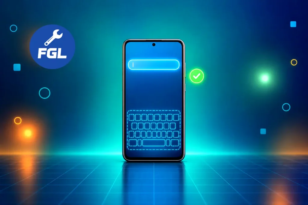 Smartphone search bar with a glowing outline where the on-screen keyboard should be, and a green checkmark beside the phone.