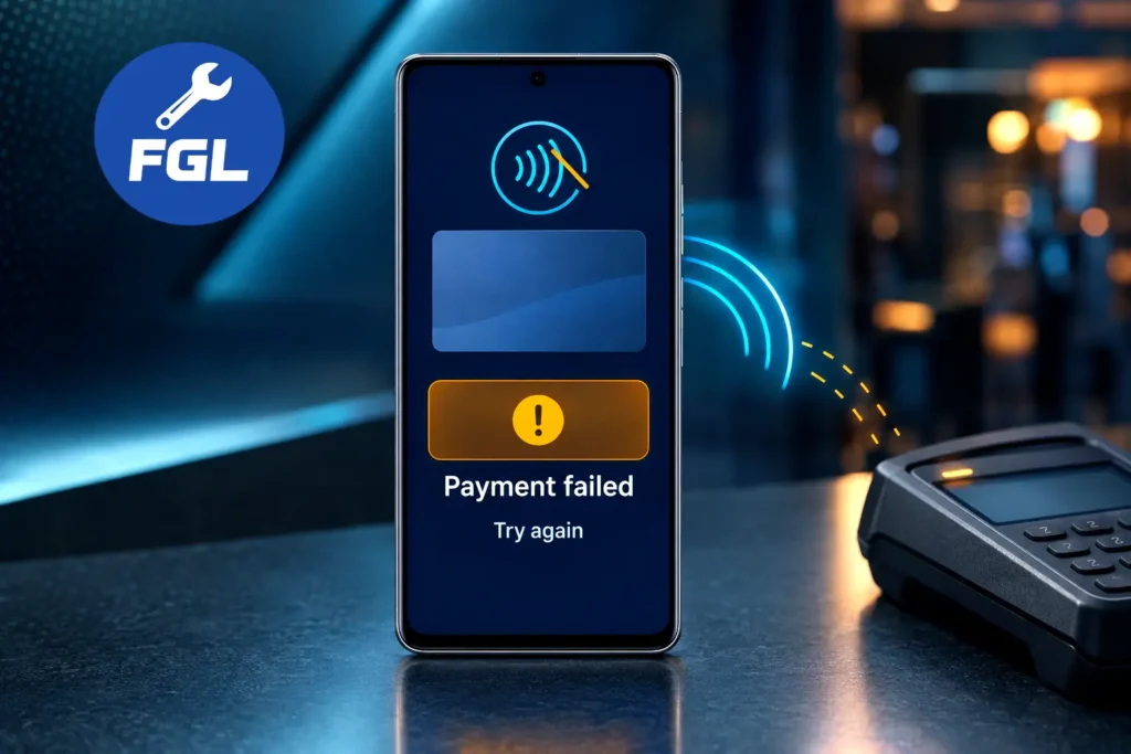 Pixel NFC tap to pay not working: phone showing a payment failed message beside a contactless payment terminal.