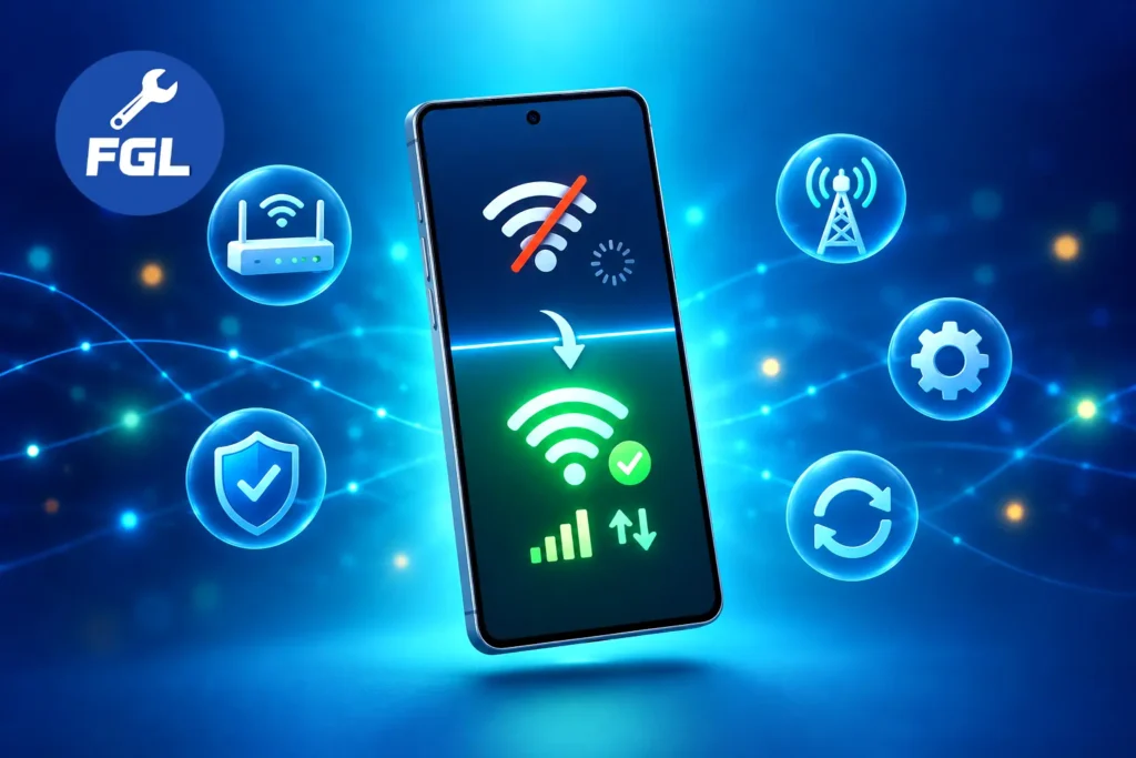 Android Wi-Fi & Mobile Data Drops After October 2026 Update 2 Android phone screen showing a Wi-Fi problem changing to a connected, working signal
