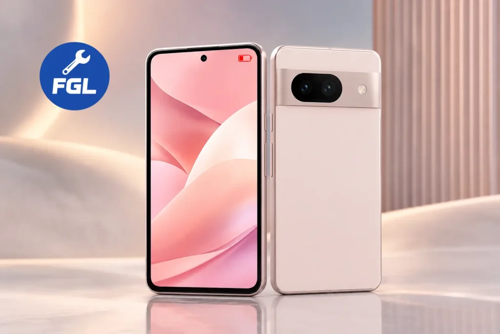 Front and back view of a light pink Pixel-style phone with a red low battery icon on the screen.