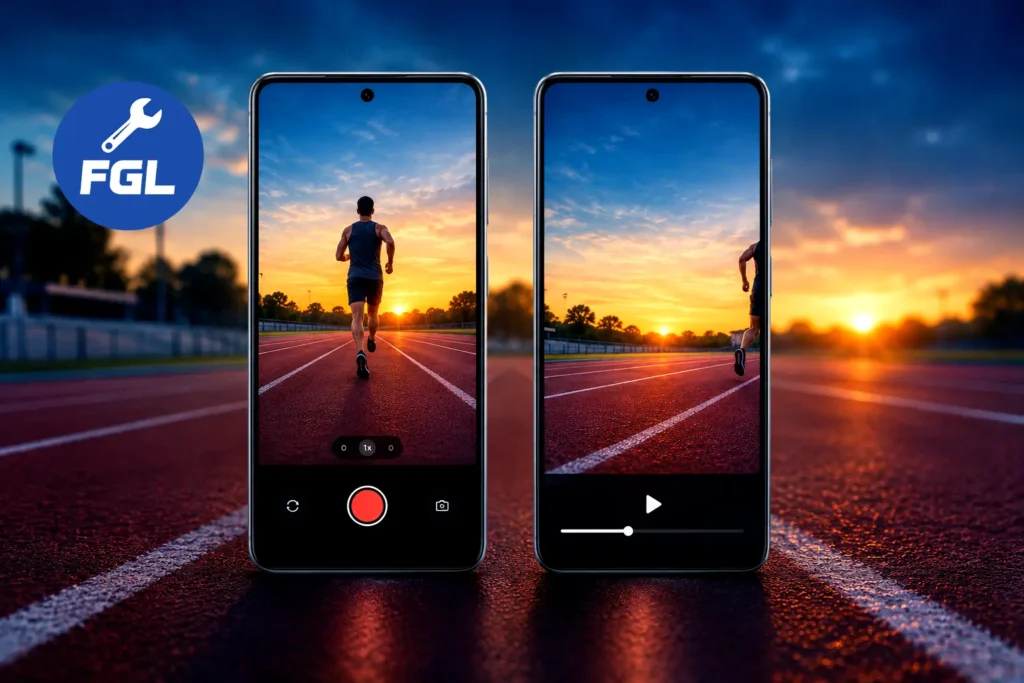 Two smartphones showing a runner centered in the camera recording preview but shifted to the edge in saved video playback.