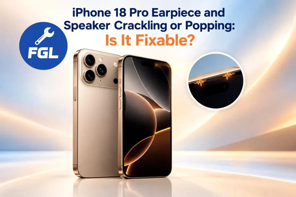 iPhone 18 Pro-style smartphone showing a premium bronze design for an article about earpiece and speaker crackling or popping.
