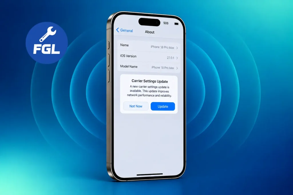iPhone 18 Pro Max Stuck in SOS on AT&T? What Apple Confirmed and What to Do 5 iPhone 18 Pro Max with SOS in the status bar and a carrier settings update prompt on the About screen
