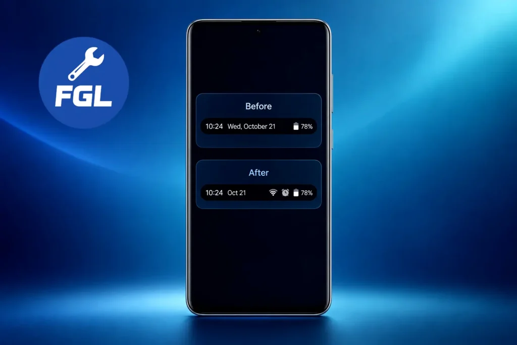 Phone status bar before and after changing the date style: Wi-Fi and alarm icons are missing with a long date and visible again with a shorter one