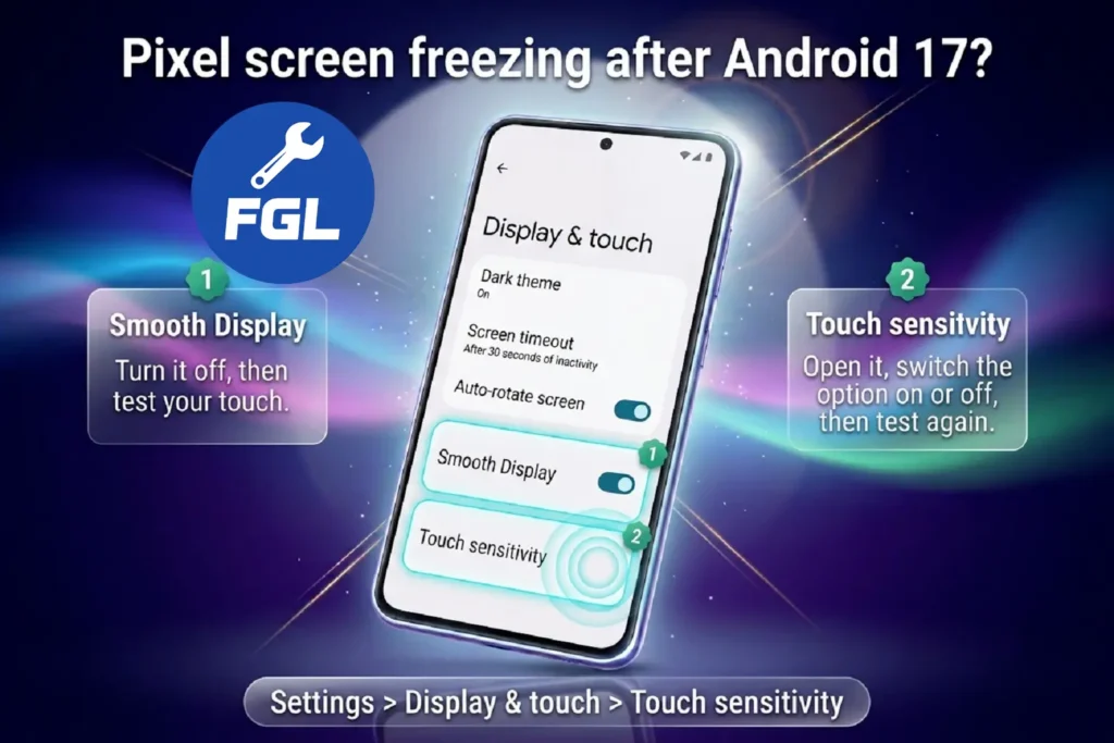 Pixel phone showing the Display & touch settings with Smooth Display and Touch sensitivity highlighted to fix Android 17 screen freezing and touch lag