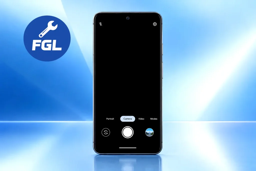 Google Pixel phone displaying a black camera app preview with camera controls.