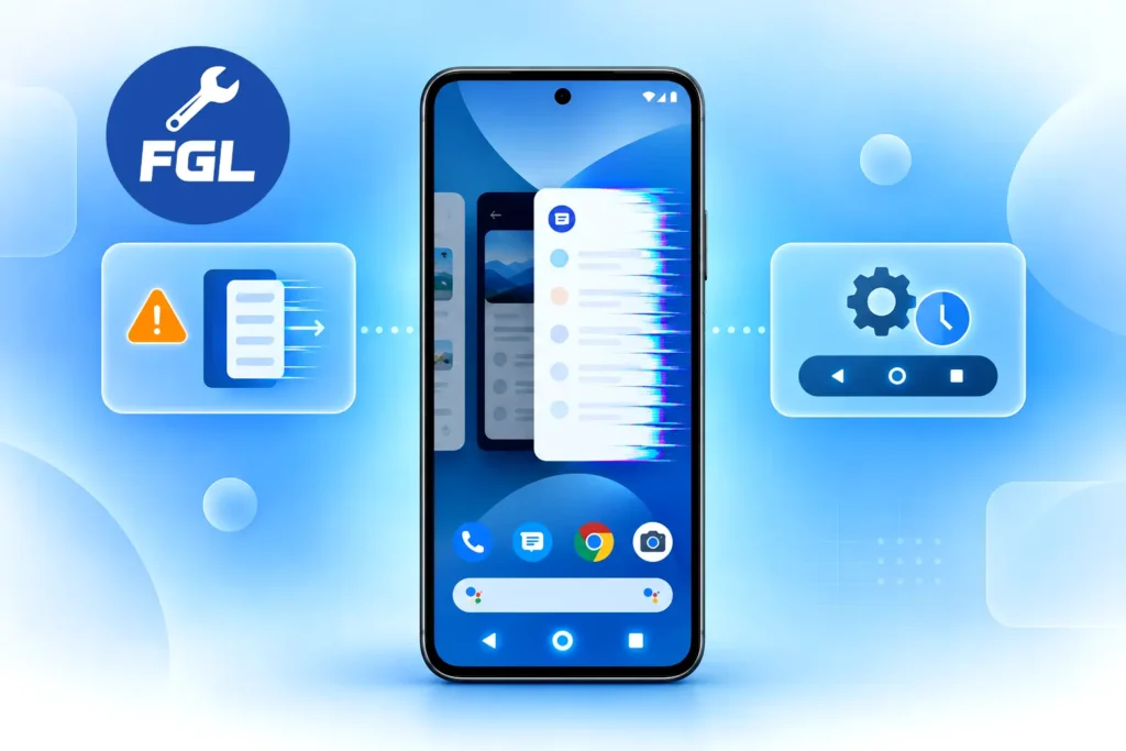 Pixel-style phone showing an app card sliding sideways during a home screen animation glitch.