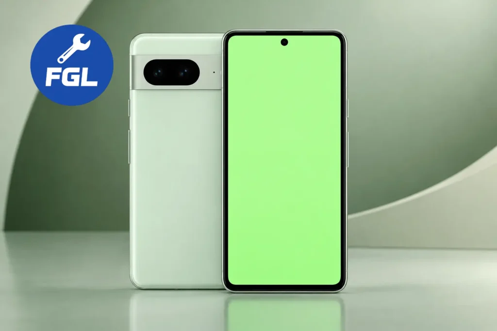 Mint Google Pixel 8 showing a solid green screen beside its back panel.